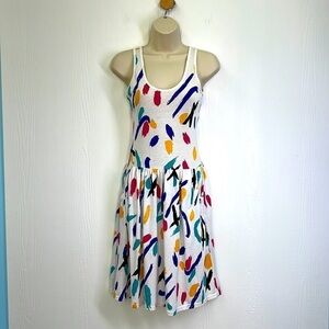 Knit Knack - Vintage 80s Colorful Shapes on Sleeveless Mini Dress Size Small